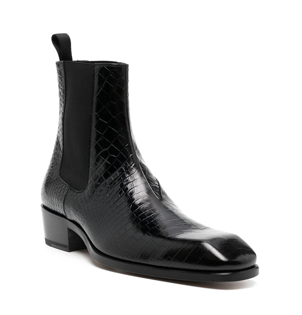 Croco Textured Leather Black Men's Boots
