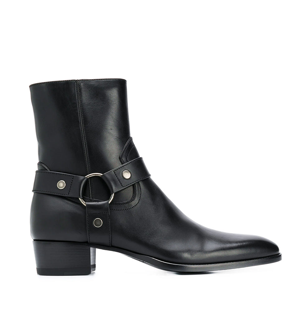 Black Leather Side Buckle Ankle boots
