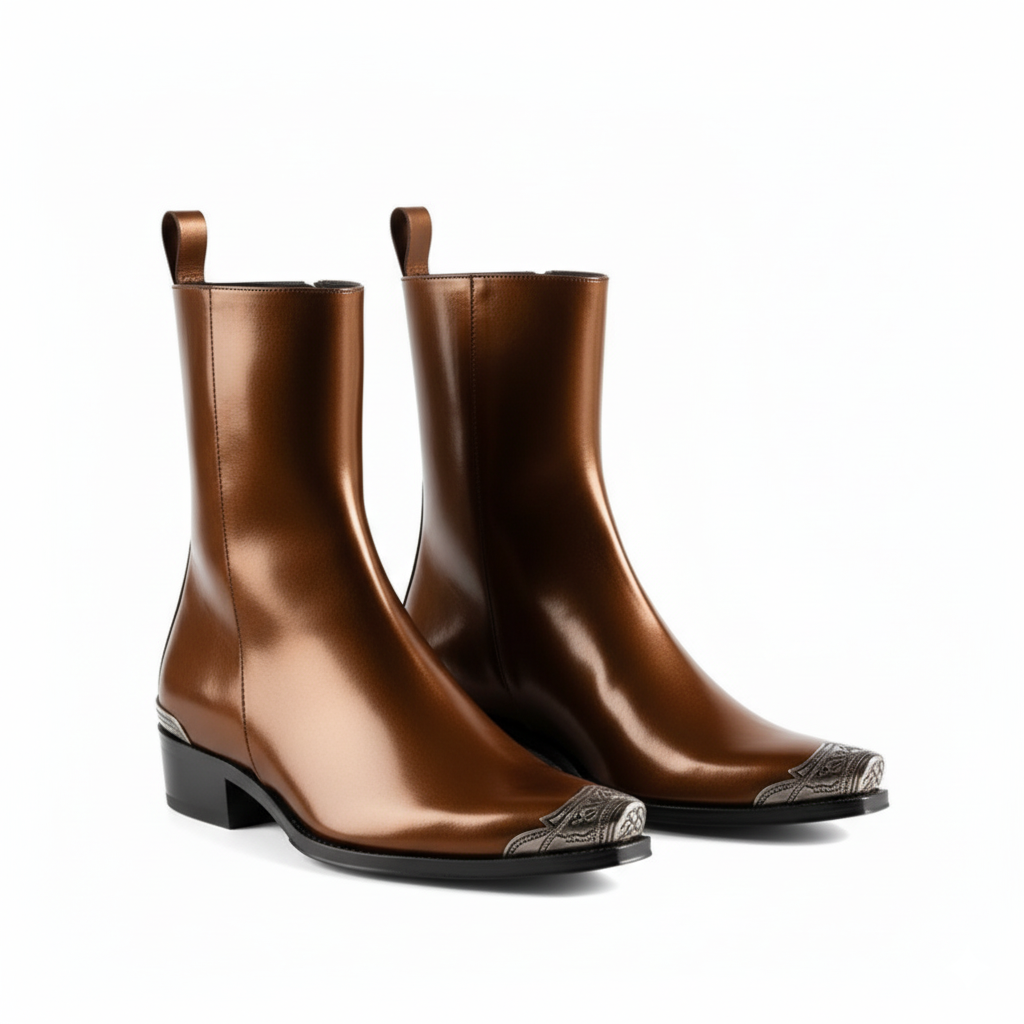 Patent Long Chelsea Boots with Silver Toe