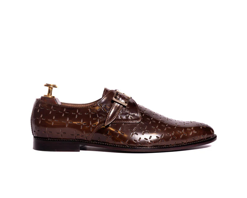Luxury Design Shiny Leather Single Monk Strap Shoe Brown