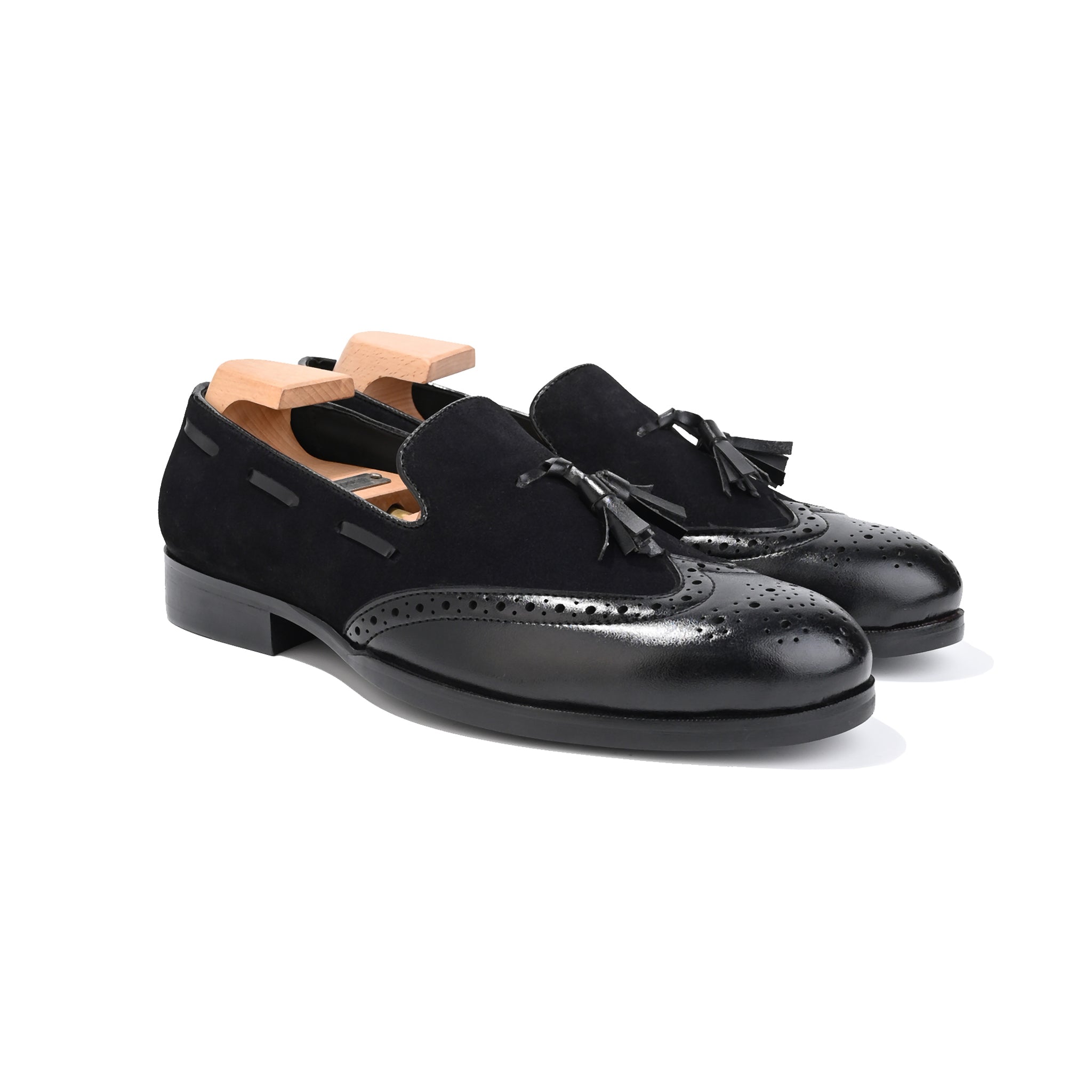 Black Leather Suede Tassel Loafers