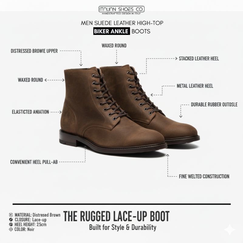 Men Suede Leather High-Top Biker Ankle Boots
