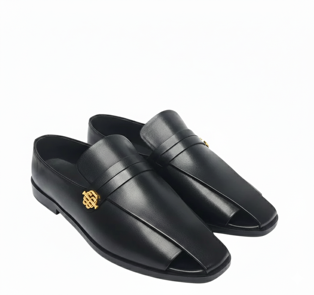 Italian luxe Golden Emblem Open Toe Loafers