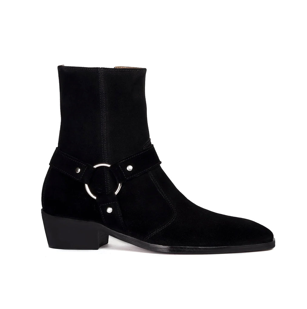 BUCKLE STRAP BLACK SUEDE LEATHER BOOTS