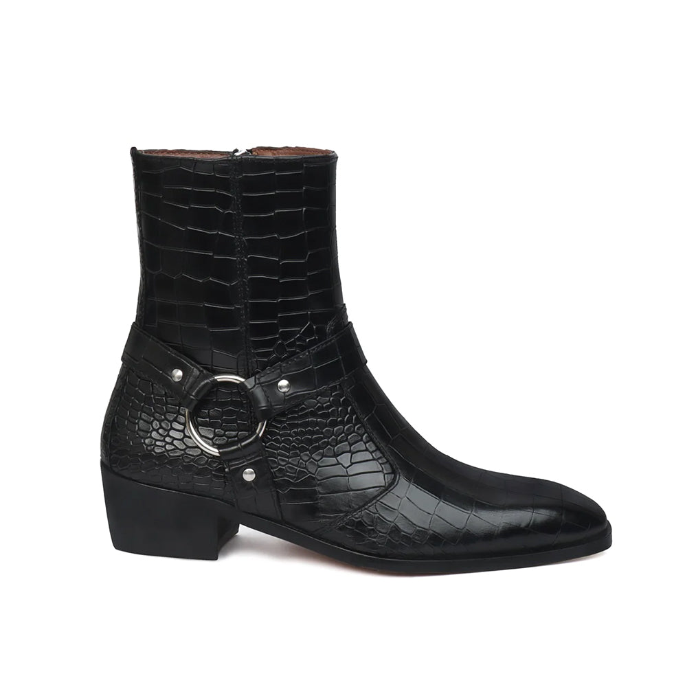 CROCO STYLISH BUCKLE STRAP BLACK CUBAN HEEL BOOTS