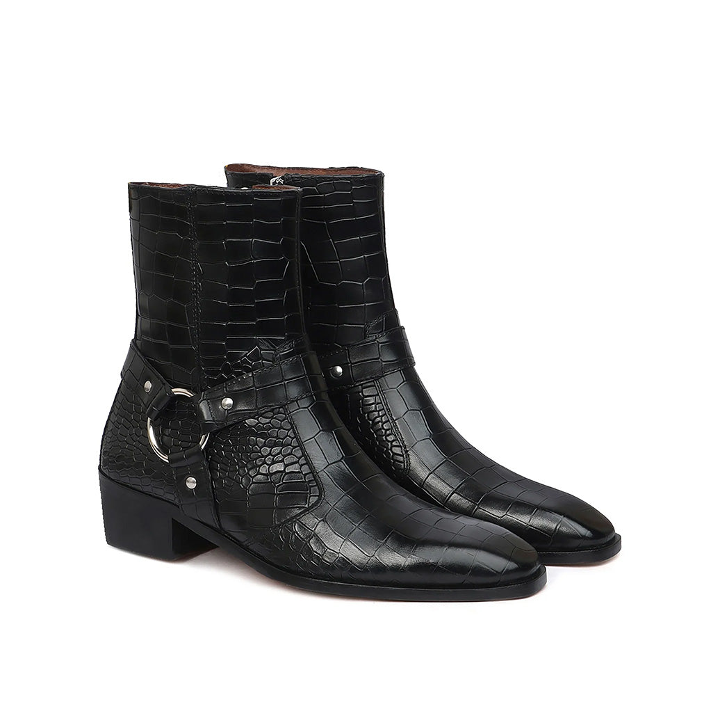 CROCO STYLISH BUCKLE STRAP BLACK CUBAN HEEL BOOTS