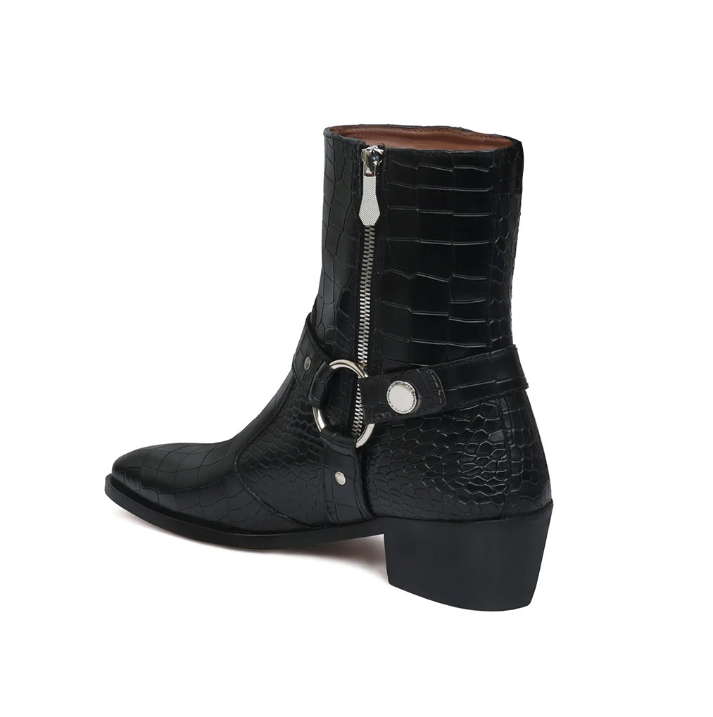 CROCO STYLISH BUCKLE STRAP BLACK CUBAN HEEL BOOTS