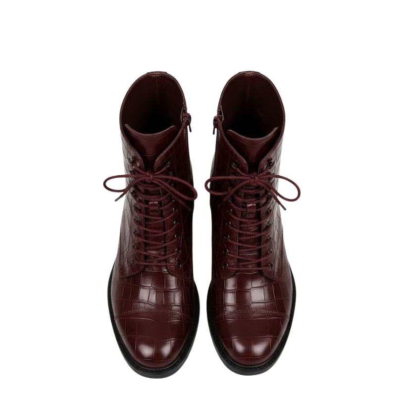Croco Leather Lace-Up High Ankle Boot