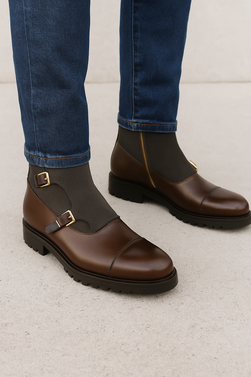 Leather Waxed Suede Double Monk Boots
