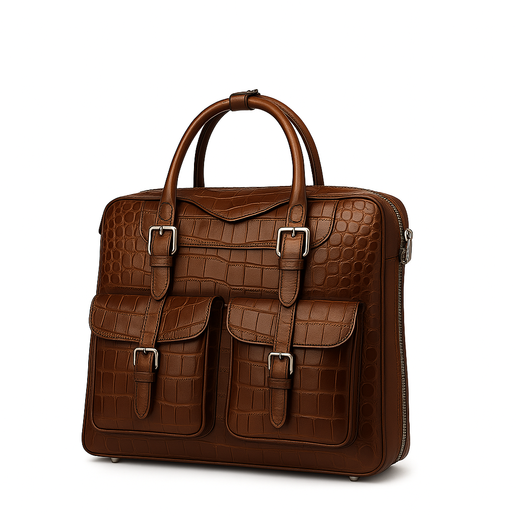 Italian Croco Leather Front Pocket Blue Briefcase Bag