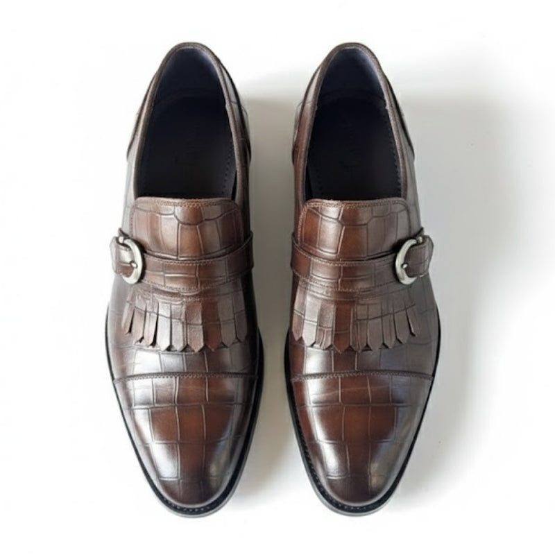 Croc Embossed Fringe Monk Strap Shoes
