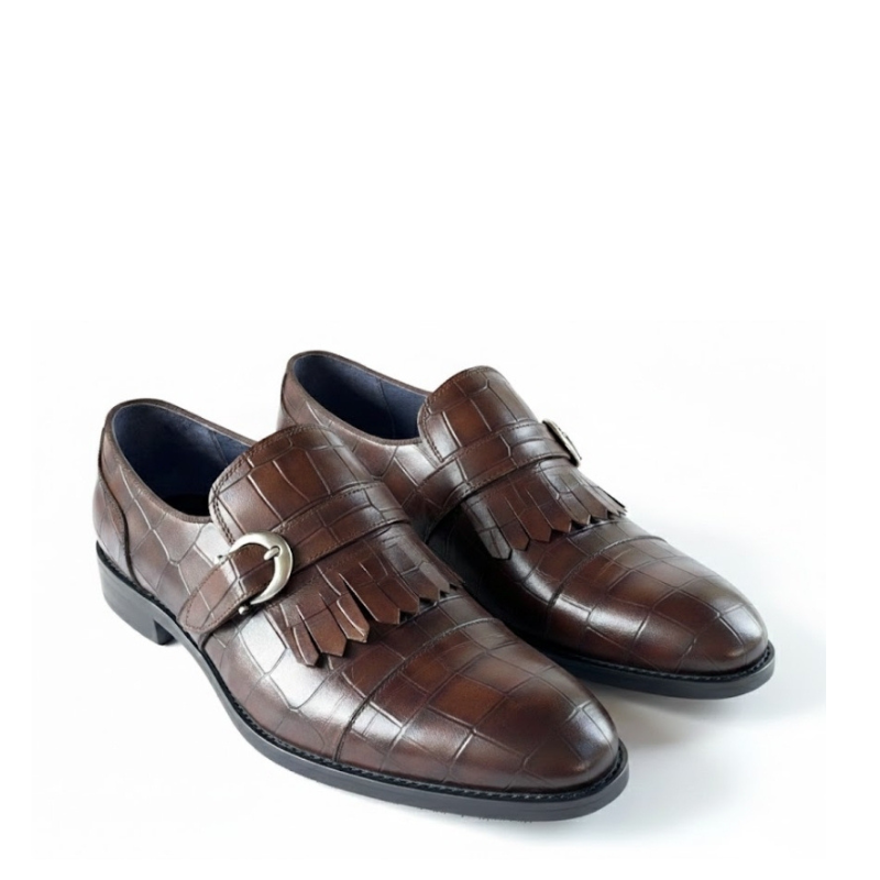 Croc Embossed Fringe Monk Strap Shoes