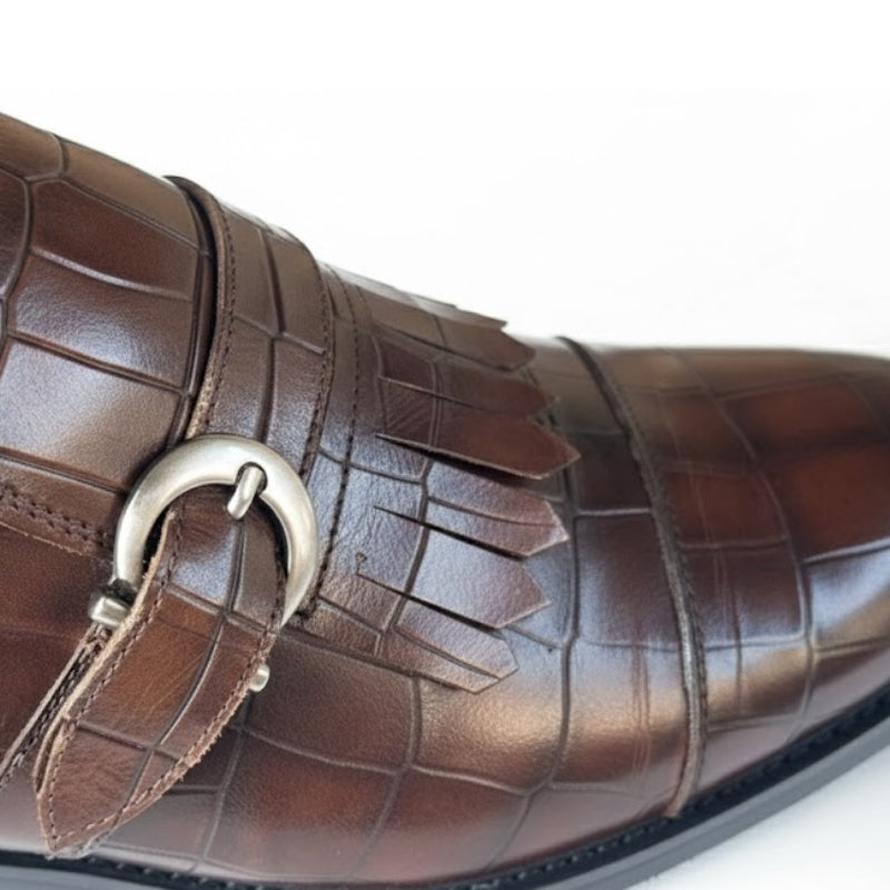 Croc Embossed Fringe Monk Strap Shoes