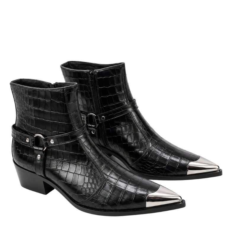 Croc-Embossed Italian Artisan Metal Toe Ankle Boots
