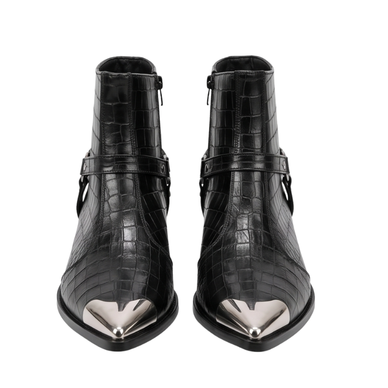Croc-Embossed Italian Artisan Metal Toe Ankle Boots