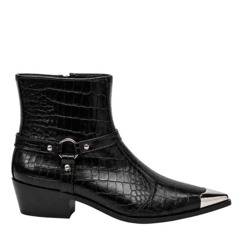 Croc-Embossed Italian Artisan Metal Toe Ankle Boots