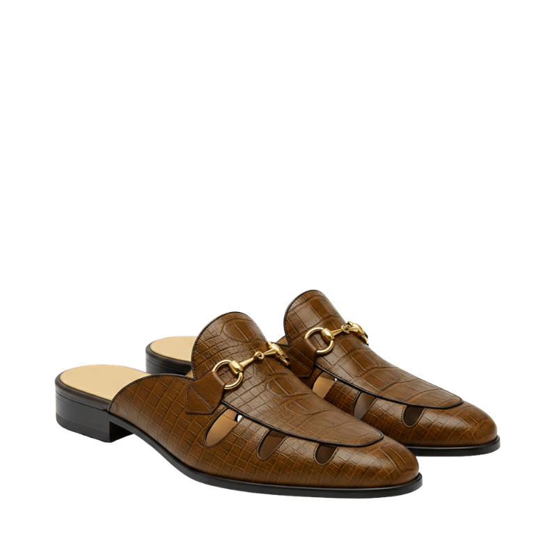 Embellished Textured Leather Mule Brown