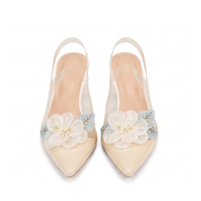 Floral Clear Luxe Pointed Toe Slingback Kitten Heels