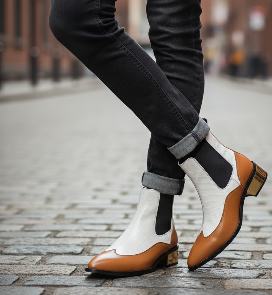 Luxury Dual Tone Croco Leather Chelsea Boots with Metallic Gold Heel