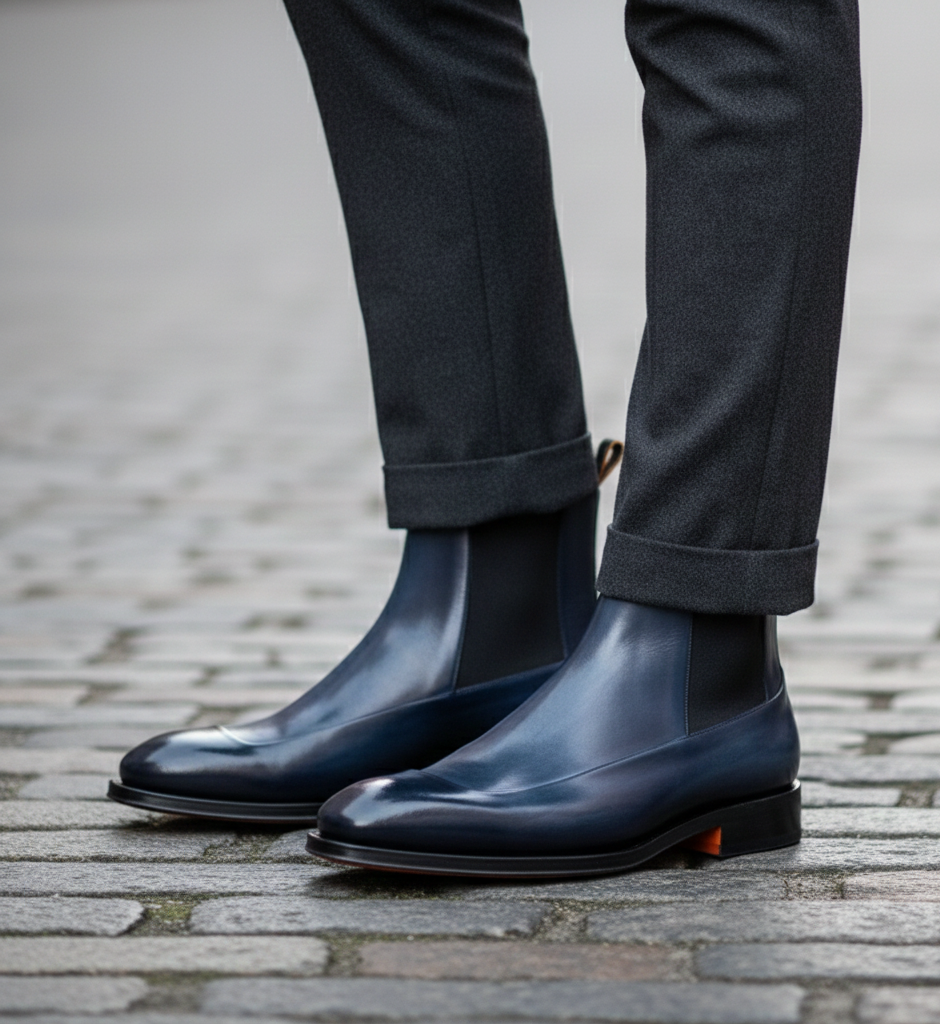 Men s Blue Leather Chelsea Boots