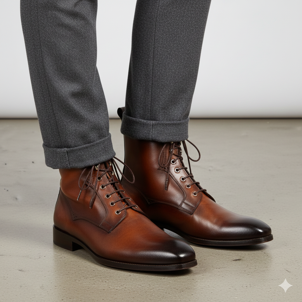 Premium Plain Toe Lace-Up Leather Ankle Boot