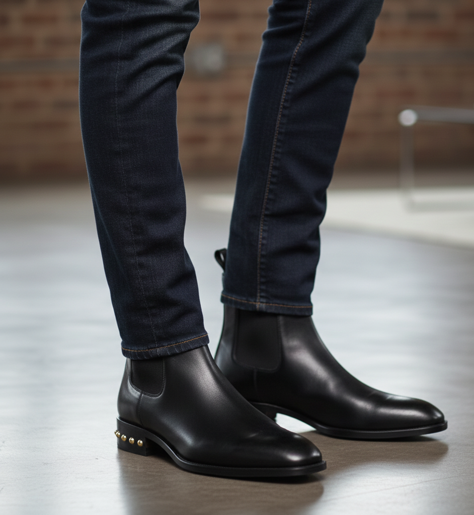 Coal Leather Gold Studded Chelsea Boots