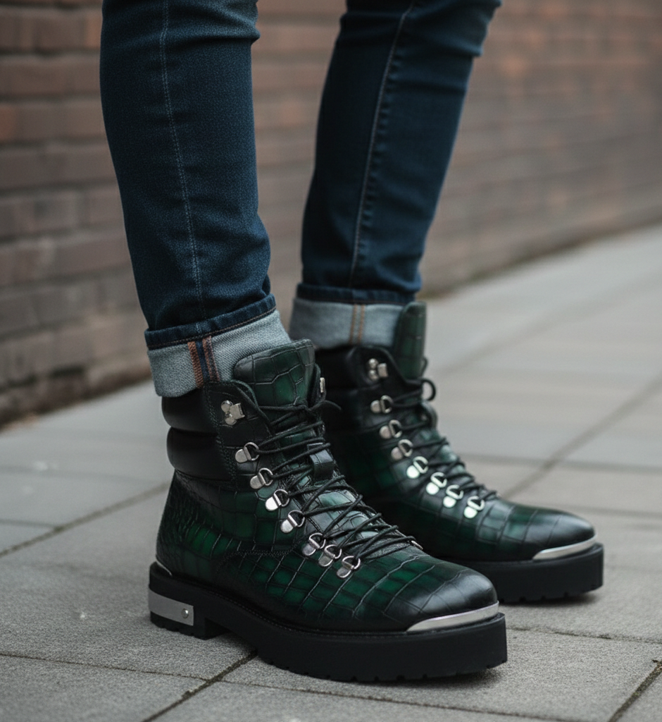 Croco Deep Cut Leather Lace-UP Ankle Boot Burgundy