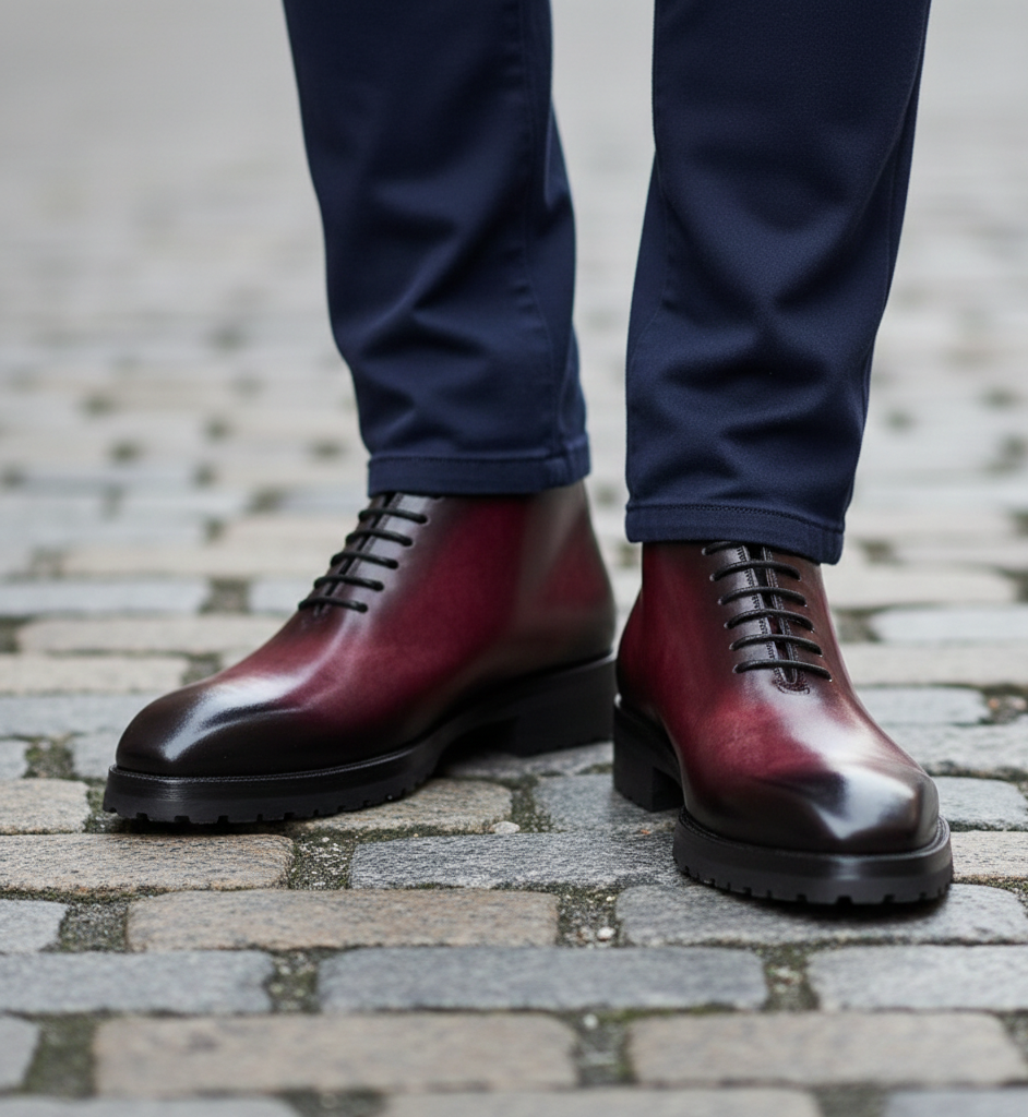 Men Custom Handmade Leather Ankle Boot Burgundy