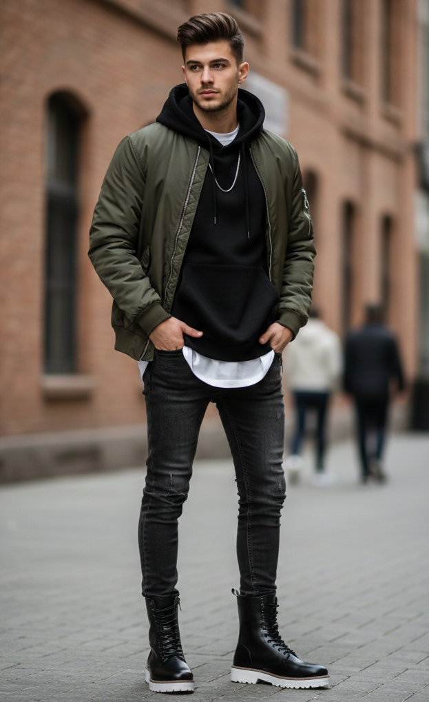 Men Chunky High Leather Ankle Black Boot