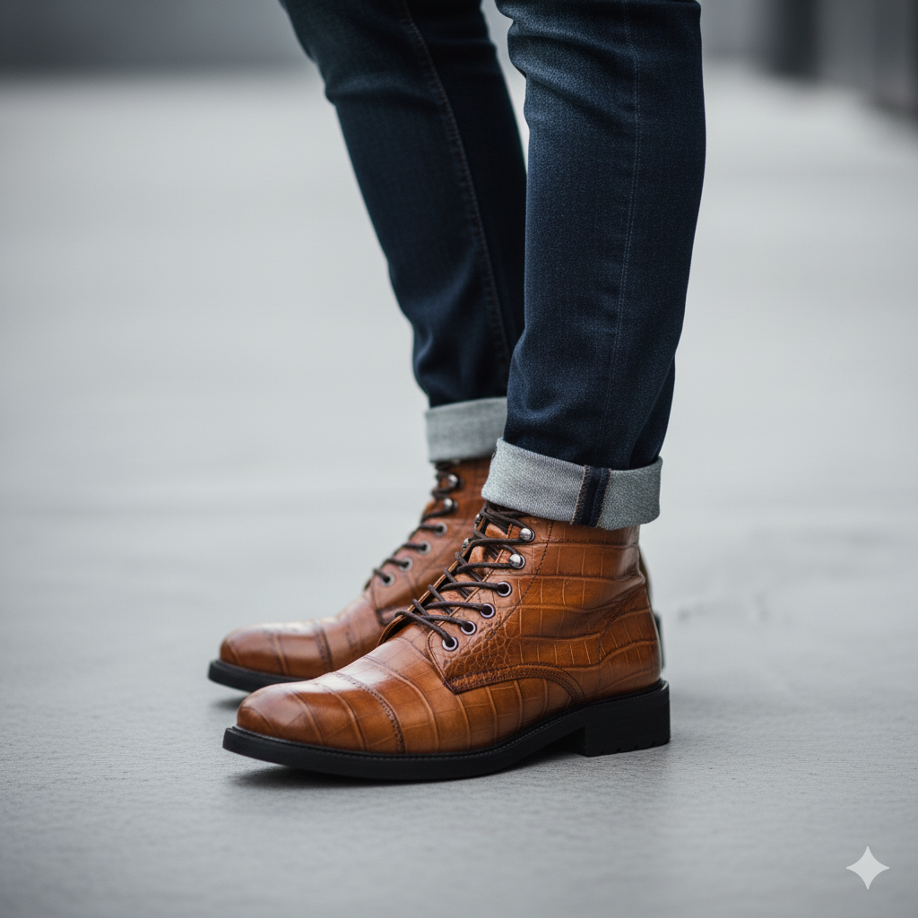 Croco Leather Lace Up High Ankle Boot Tan
