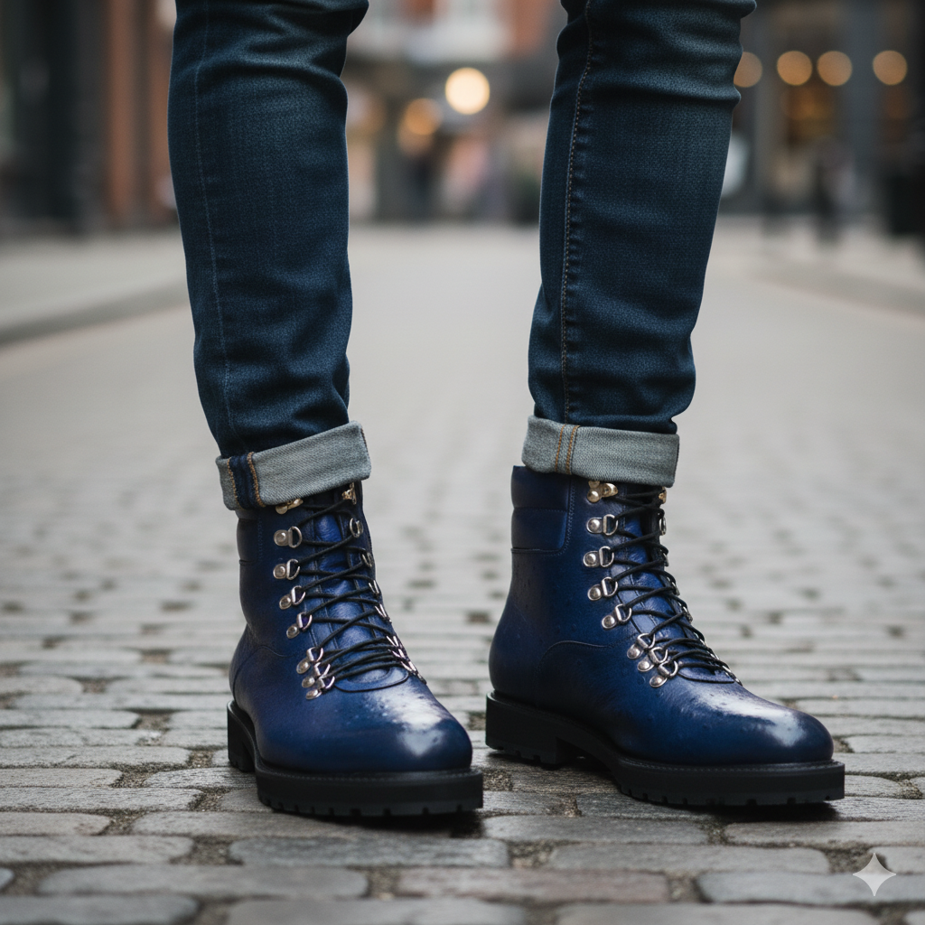 Men Solid Leather Side Zip Biker Ankle Blue Boot