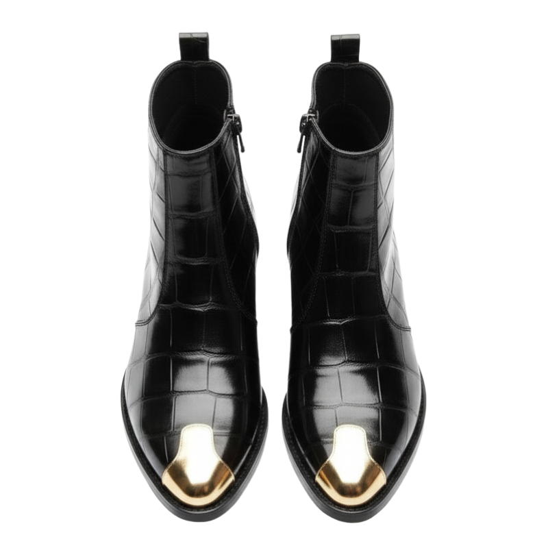 Crocodile Embossed with Golden Toe Zipper Boot