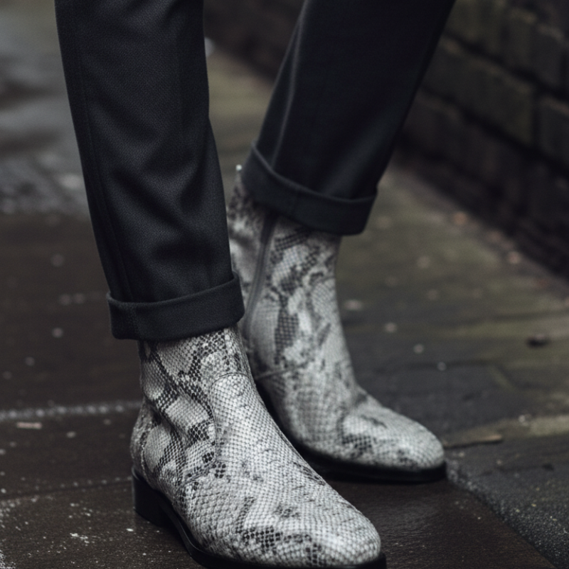 Snakeskin Patterned High Ankle Zipper Boots