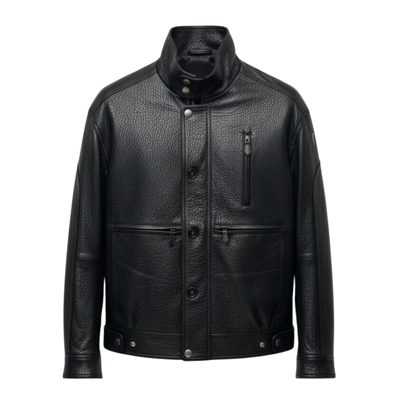Obsidian High Neck Pebbled Leather Jacket