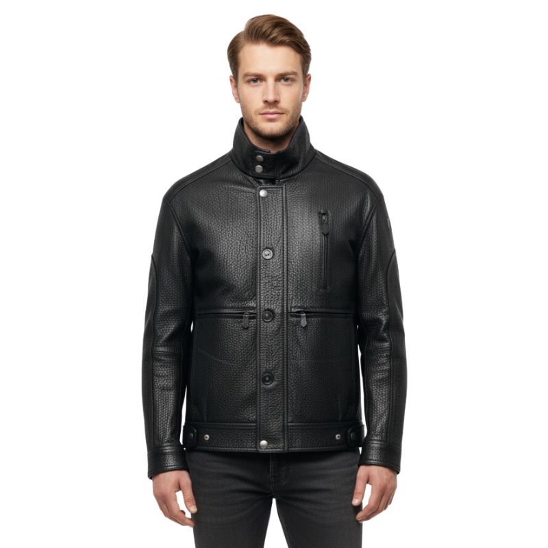 Obsidian High Neck Pebbled Leather Jacket