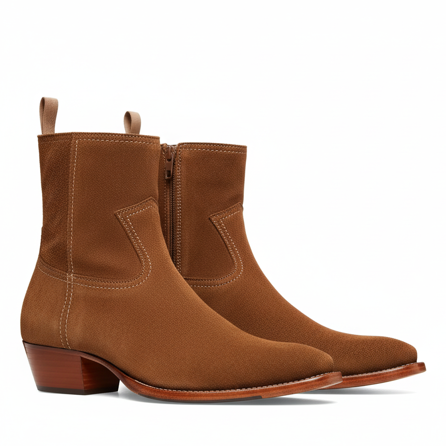 Side Zip Western Boot - Camel Suede Leather
