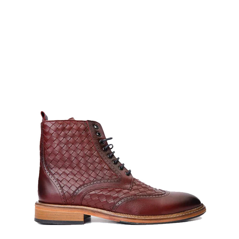 Brown Leather Wingtip Brogue Lace Up Men Boot with Zipper
