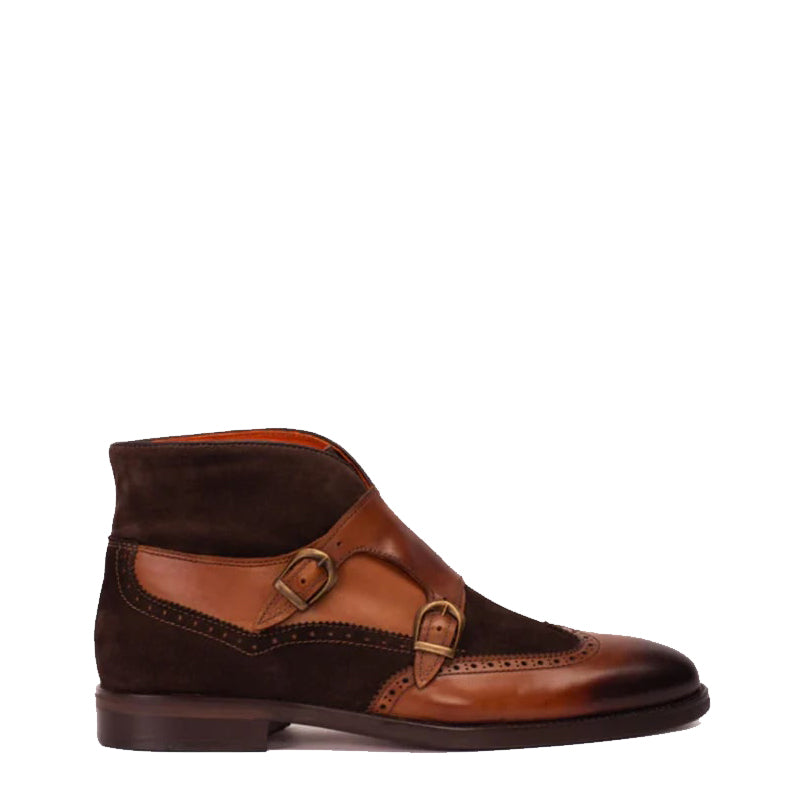 Brown Suede Leather Double Strap Monk Brogue Men Boot