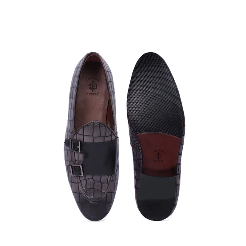 Deep Cut Croco Double Monk Black Shoe For Men