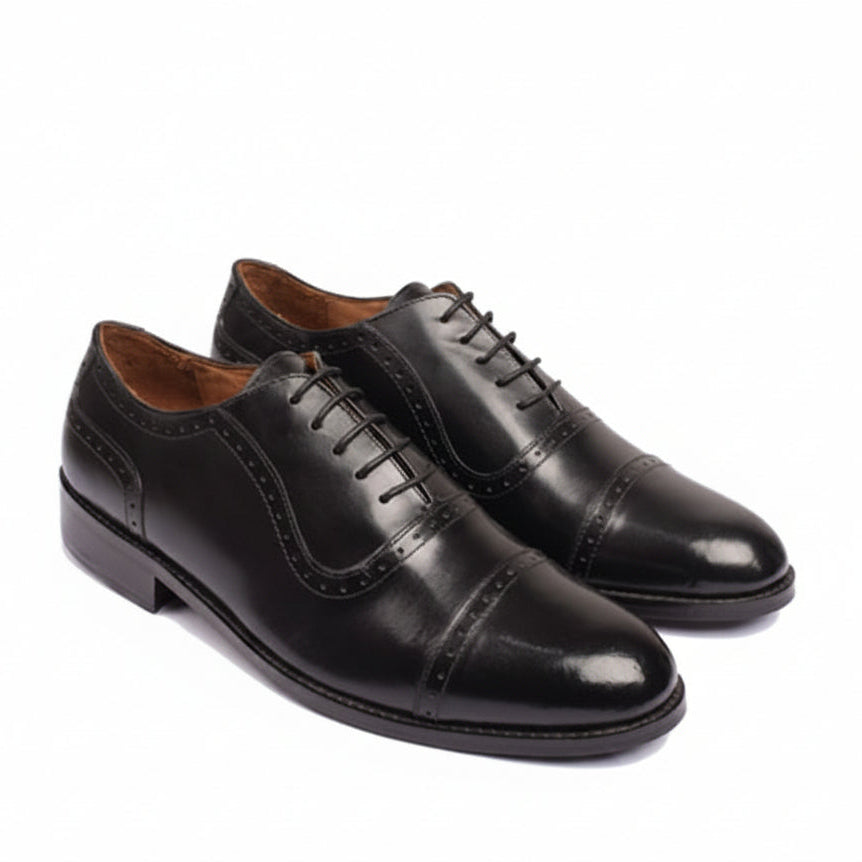 Wingtip Captoe Black Leather Hand Painted Shoes