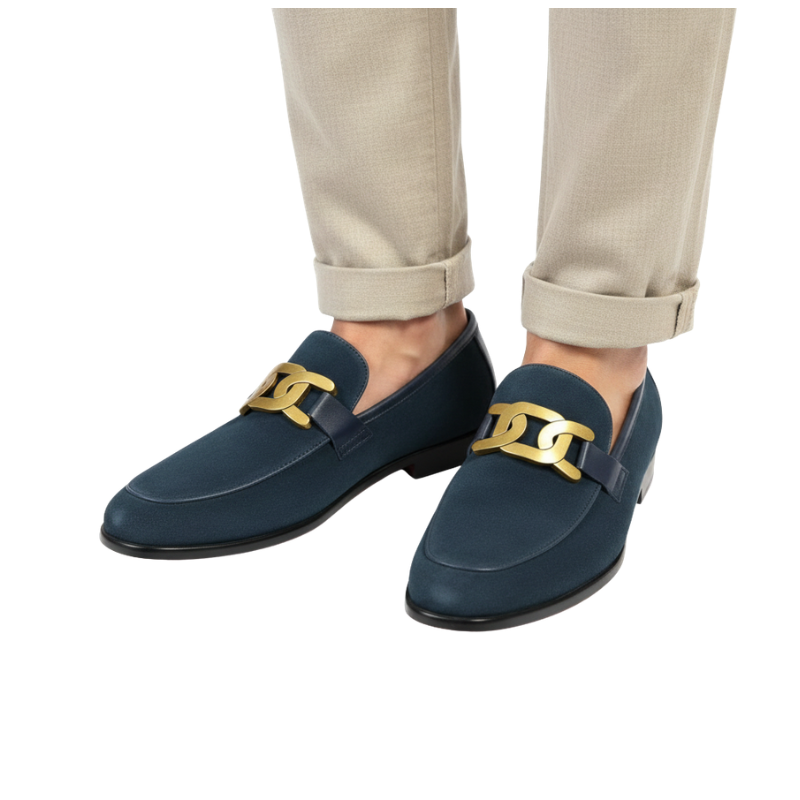 Italian Suede Golden Chain Strap Horsebit Loafer