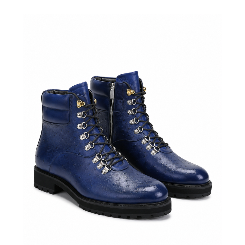 Luxury Ostrich Texture Lace-Up Ankle Boots