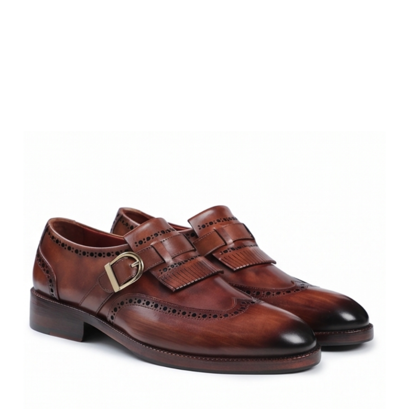 Luxury Polished Wingtip Brogue Monk Strap
