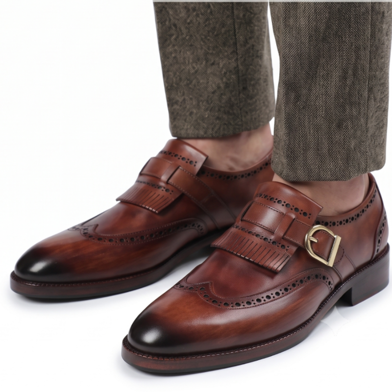 Luxury Polished Wingtip Brogue Monk Strap