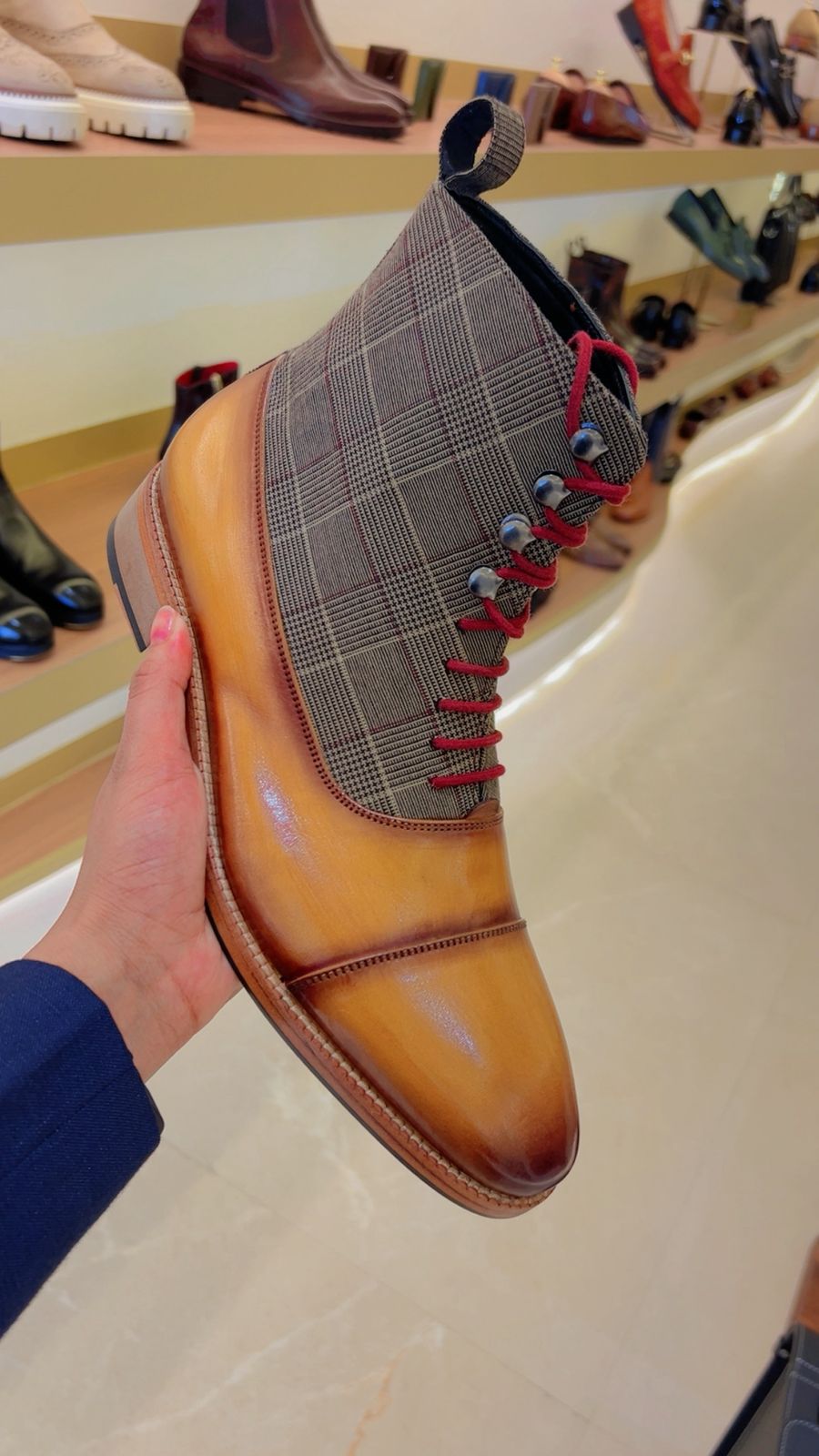 Mens Leather Tan Plaid Ankle Boot