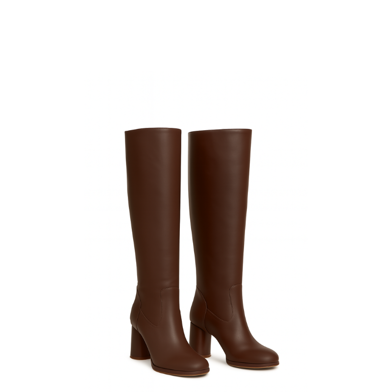 Womens Leather Solid Block Heel Long Boots
