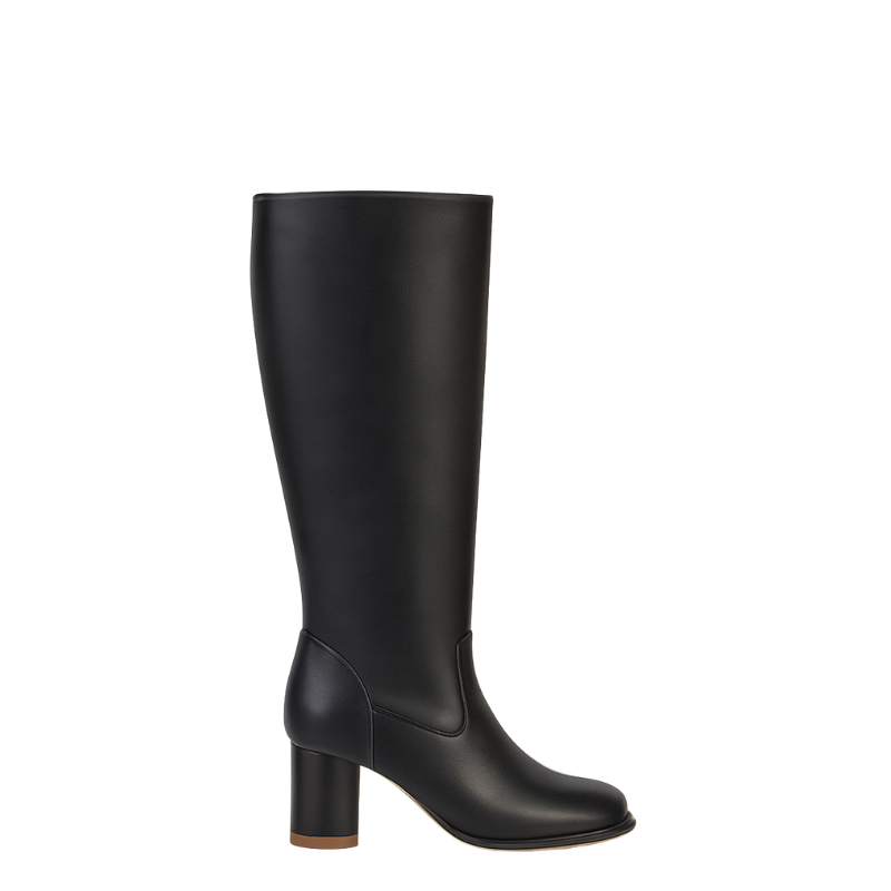 Women's Leather Solid Block Heel Long Boots