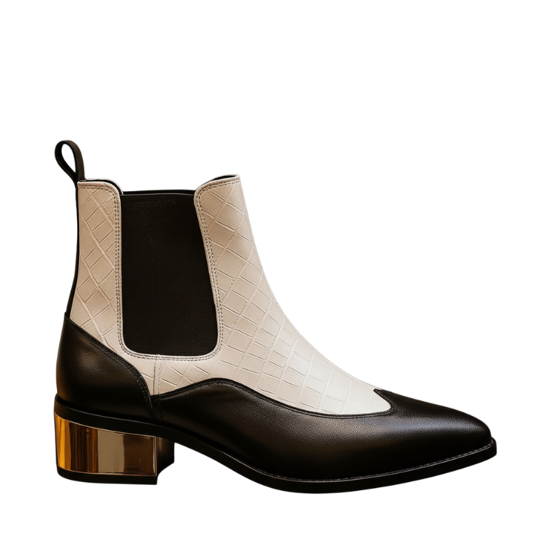 Luxury Dual Tone Croco Leather Chelsea Boots with Metallic Gold Heel