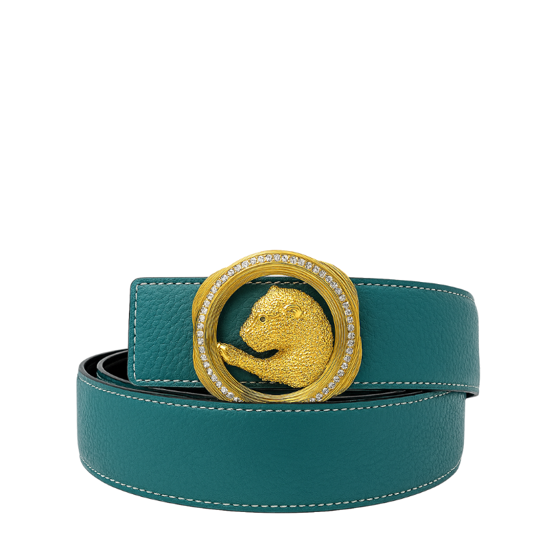 Italian Sky Blue Textured Leather Belt with Golden Regal Panther Buckle Accent