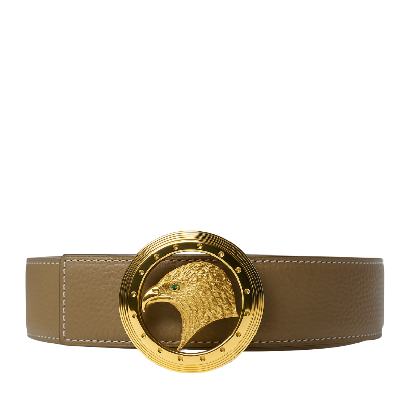Luxury Brown Textured Leather Eagle Medallion Orbit Buckle Belt
